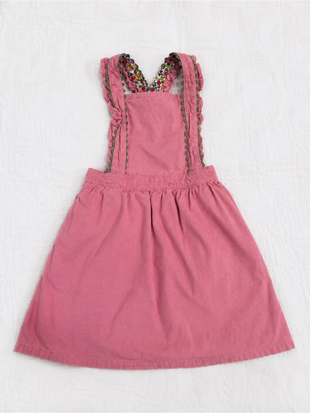 Mini Boden Pink Corduroy Pinafore Dress 6-7Y Floral Ruffle EUC